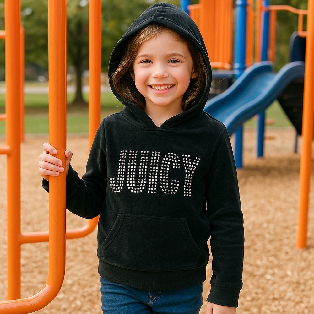 Juicy Couture Kids Hoodie Sz 7 Black Velour Pullover “JUICY” Rhinestone Logo